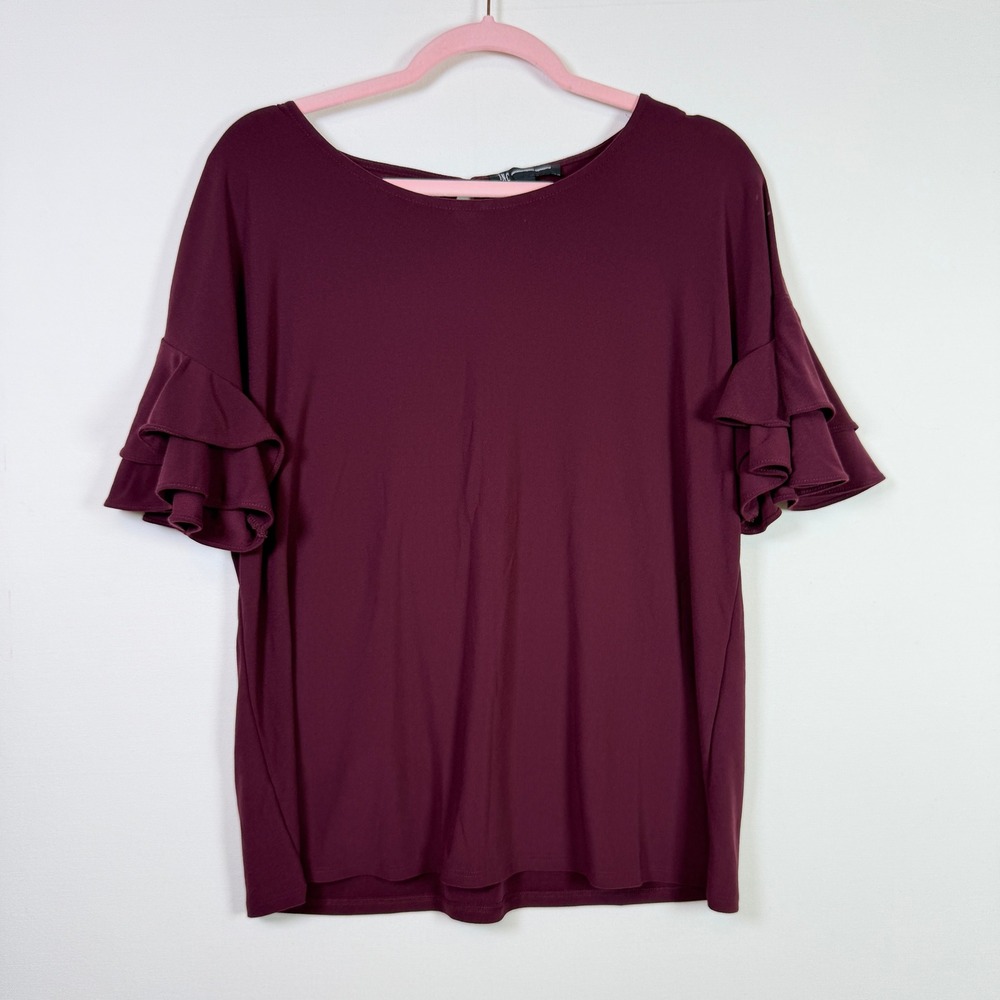 INC Burgundy Triple Ruffle Tiered Sleeve Keyhole Back‎ Blouse Size L